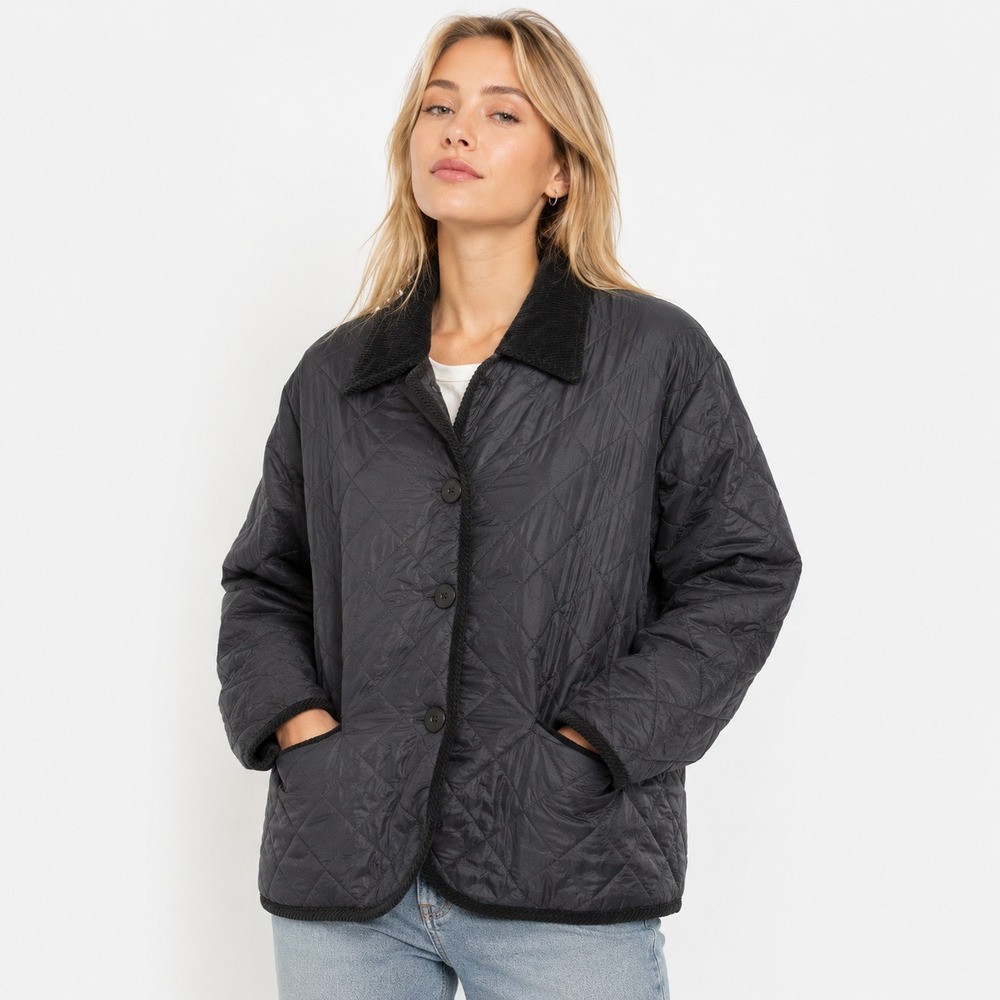 Selene Sport Black 100% Silk Quilted Jacket Corduroy Collar Petite Medium